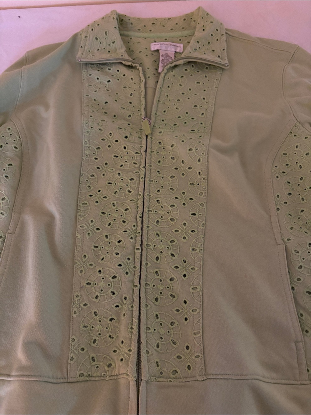 Light Green Eyelet-Trim Jacket with Zip Front